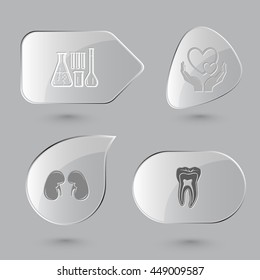 4 images: chemical test tubes, love in hands, kidneys, tooth. Medical set. Glass buttons on gray background. Vector icons.