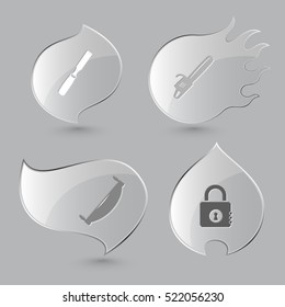 4 images: chisel, gasoline-powered saw, two-handled saw, closed lock. Industrial tools set. Glass buttons on gray background. Fire theme. Vector icons.