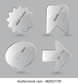 4 images: chisel, screwdriver, ink pen, spanner. Angularly set. Glass buttons on gray background. Vector icons.