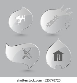 4 images: clamp, cycle spanner, screwdriver and combination pliers, workshop. Industrial tools set. Glass buttons on gray background. Fire theme. Vector icons.