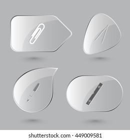 4 images: clip, caliper, ink pen, spirit level. Angularly set. Glass buttons on gray background. Vector icons.