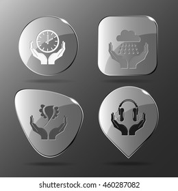 4 images: clock in hands, weather, bird, headphones. In hands set. Glass buttons. Vector illustration icon.