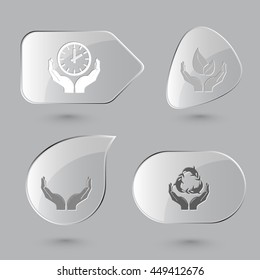 4 images: clock in human hands, protection sea life. In hands set. Glass buttons on gray background. Vector icons.