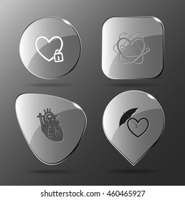 4 images: closed heart, atomic, protection love. Heart shape set. Glass buttons. Vector illustration icon.