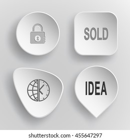 4 Bilder: verschlossenes Schloss, Etiketten "verkauft" und "Idee", Globus und Uhr. Business Set. Weiße konkave Knöpfe auf grauem Hintergrund. Vektorsymbole.