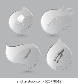 4 images: concrete mixer, hand drill, knife, pliers. Industrial tools set. Glass buttons on gray background. Fire theme. Vector icons.