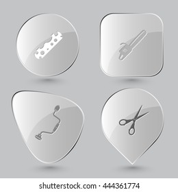 4 imágenes: bici spanner, sierra alimentada con gasolina, taladro de mano, tijeras. Conjunto angular. Botones de vidrio sobre fondo gris. Iconos vectores.