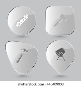 4 images: cycle spanner, mallet, hammer, concrete mixer. Industrial tools set. Glass buttons on gray background. Vector icons.