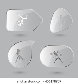 4 images: dancing ethnic little man, as yogi, with trumpet, with fire poi. Ethnic set. Glass buttons on gray background. Vector icons.