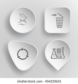 4 images: deer, bin, recycle symbol, chemical test tubes. Ecology set. White concave buttons on gray background. Vector icons.