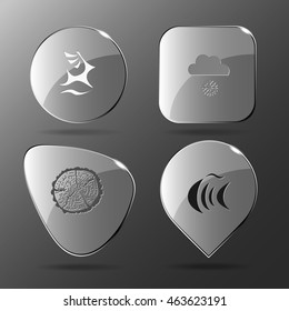 4 images: deer, snowfall, cut of tree, fish. Nature set. Glass buttons. Vector illustration icon.