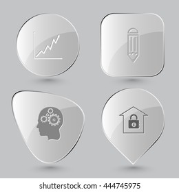 4 images: diagram, pencil, human brain, bank. Business set. Glass buttons on gray background. Vector icons.