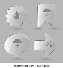 4 imágenes: gota, nevada, tormenta, copo de nieve. El tiempo. Botones de vidrio sobre fondo gris. Iconos vectores.