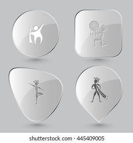 4 images: ethnic little man as shaman, as yogi,  with trumpet, abstract. Ethnic set. Glass buttons on gray background. Vector icons.