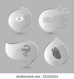 4 images: eye, help, pharma symbol, heart. Medical set. Glass buttons on gray background. Fire theme. Vector icons.