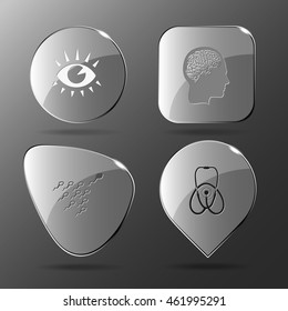 4 imágenes: ojo, cerebro humano, espermatozoide, estetoscopio. Equipo médico. Botones de vidrio. Icono de ilustración del vector.