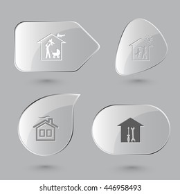 4 images: family home, dog, workshop, frame. Home set. Glass buttons on gray background. Vector icons.