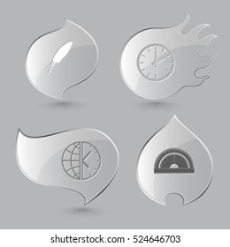 4 imágenes: pluma, globo y reloj, protractor. Conjunto de educación. Botones de vidrio sobre fondo gris. Tema del fuego. Iconos vectores.