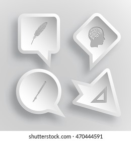 4 imágenes: pluma, cerebro humano, pluma gobernante, regla triangular. Conjunto de educación. Etiquetas de papel. Iconos de la ilustración del vector.