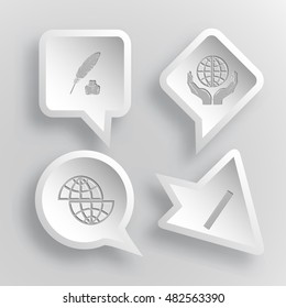4 images: feather and ink bottle, protection world, shift globe, ruler. Education set. Paper stickers. Vector illustration icons.