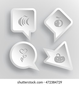 4 images: fish, apple, flower, pumpkin. Nature set. Paper stickers. Vector illustration icons.