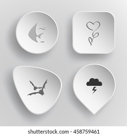 4 images: fish, flower, bats, thunderstorm. Nature set. White concave buttons on gray background. Vector icons.
