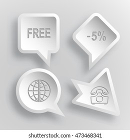 4 imágenes: gratis, -5%, globo, teléfono rotatorio. Conjunto de negocios. Etiquetas de papel. Iconos de la ilustración del vector.