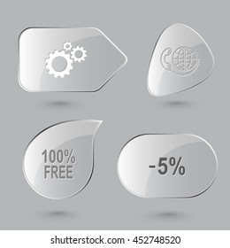 4 images: gears, global communication, labels "100% free" and "-5%". Business set. Glass buttons on gray background. Vector icons.