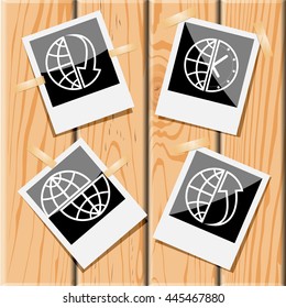 4 images: globe and array down, clock, up, shift. Globe set. Photo frames on wooden desk. Vector icons.