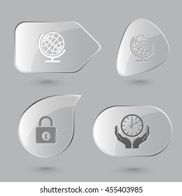 4 images: globe and arrow, closed lock, clock in hands. Business set. Glass buttons on gray background. Vector icons.