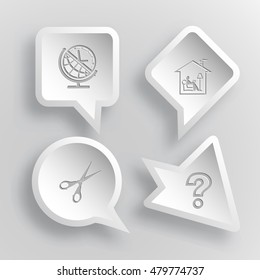 4 images: globe and clock, home reading, scissors, query sign. Education set. Paper stickers. Vector illustration icons.