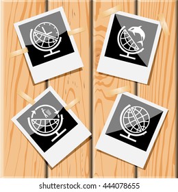 4 images: globe, and clock, and shamoo, and recycling symbol. School globe set. Photo frames on wooden desk. Vector icons.