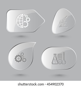 4 images: globe and gears, lab microscope, chemical test tubes. Science set. Glass buttons on gray background. Vector icons.