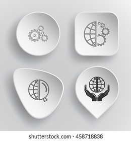 4 images: globe and gears, magnifying glass, protection world. Science set. White concave buttons on gray background. Vector icons.