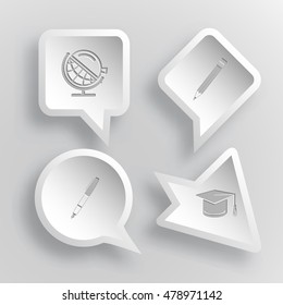 4 images: globe and loupe, pencil, ink pen, graduation cap. Education set. Paper stickers. Vector illustration icons.