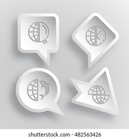 4 images: globe and magnifying glass, and clock,  and shamoo, shift globe. Globe set. Paper stickers. Vector illustration icons.