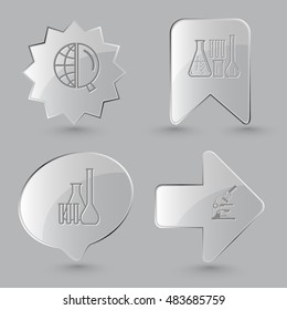 4 images: globe and magnifying glass, chemical test tubes, lab microscope. Science set. Glass buttons on gray background. Vector icons.