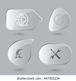 4 images: globe and phone, clock, monetary sign, screwdriver and spanner. Business set. Glass buttons on gray background. Vector icons.
