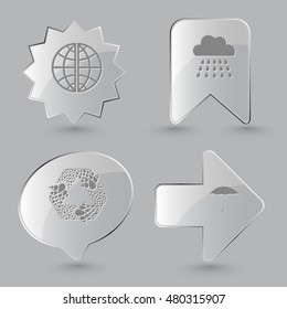 4 images: globe, rain, recycle symbol, umbrella. Weather set. Glass buttons on gray background. Vector icons.
