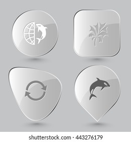 4 images: globe and shamoo, plant, recycle symbol, killer whale. Nature set. Glass buttons on gray background. Vector icons.