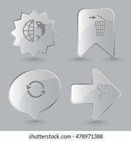 4 images: globe and shamoo, recycling bin, recycle symbol, flower. Nature set. Glass buttons on gray background. Vector icons.