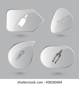 4 imágenes: botella de pegamento, tijeras, cuchillo, alicates. Conjunto angular. Botones de vidrio sobre fondo gris. Iconos vectores.