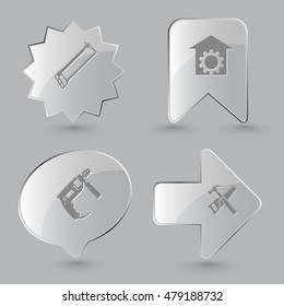 4 images: hacksaw, repair shop, electric drill, hand saw and hammer. Industrial tools set. Glass buttons on gray background. Vector icons.