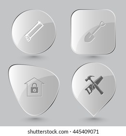 4 images: hacksaw, spade, bank, hand saw and hammer. Industrial tools set. Glass buttons on gray background. Vector icons.