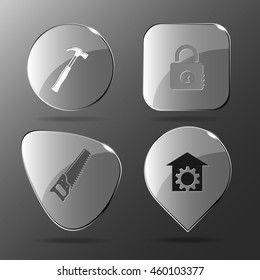 4 Bilder: Hammer, geschlossenes Schloss, Säge, Reparaturwerkstatt. Industrielle Werkzeuge. Glasknöpfe. Vektorgrafik-Symbol.