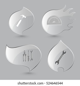 4 images: hammer, protractor, tools, spanner. Industrial tools set. Glass buttons on gray background. Fire theme. Vector icons.