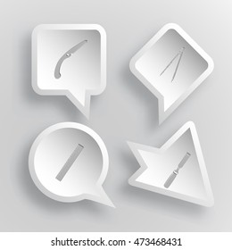 4 images: hand saw, caliper, ruler, chisel. Angularly set. Paper stickers. Vector illustration icons.