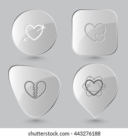 4 images: heart and arrow, careful, unrequited love, atomic. Heart shape set. Glass buttons on gray background. Vector icons.