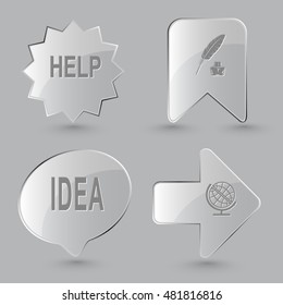4 images: help, feather and ink bottle, idea, globe. Education set. Glass buttons on gray background. Vector icons.