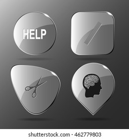 4 imágenes: ayuda, regla, tijeras, cerebro humano. Conjunto de educación. Botones de vidrio. Icono de ilustración del vector.